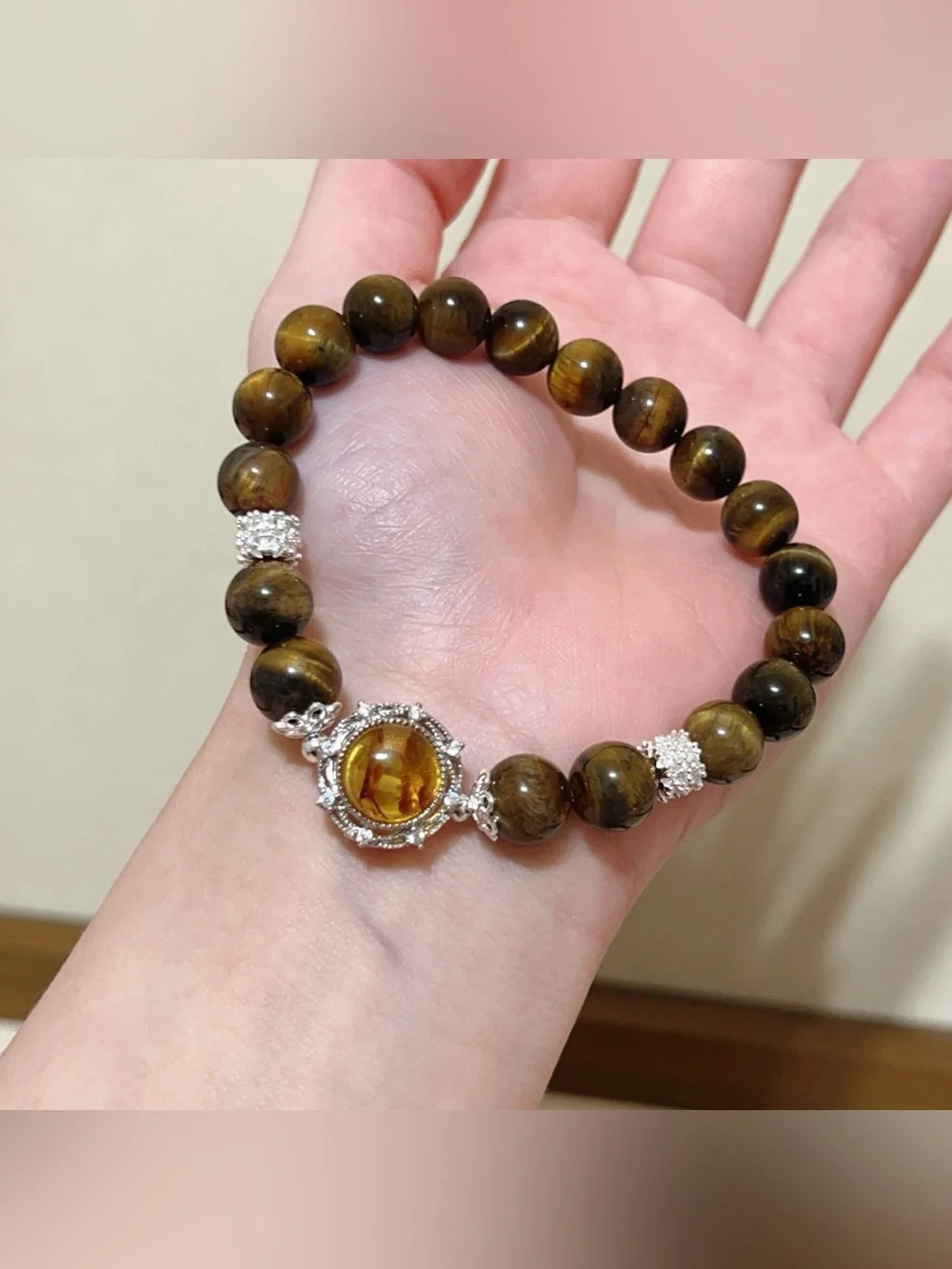 Handmade Flower Amber Charm Handmade Natural Tiger Eye Stone Bead Bracelet 9mm